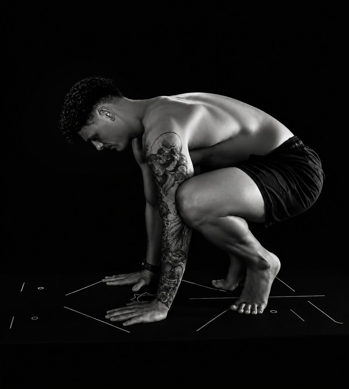 Student in a low crouched yoga pose on a mat in the BLACKOUT studio